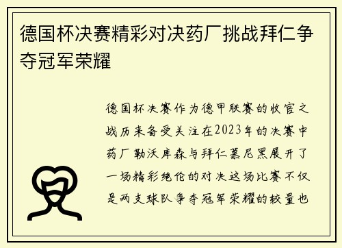 德国杯决赛精彩对决药厂挑战拜仁争夺冠军荣耀
